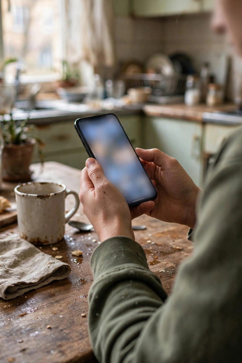 Hands holding a smartphone with a blurred screen at a worn kitchen table with a mug, morning light
