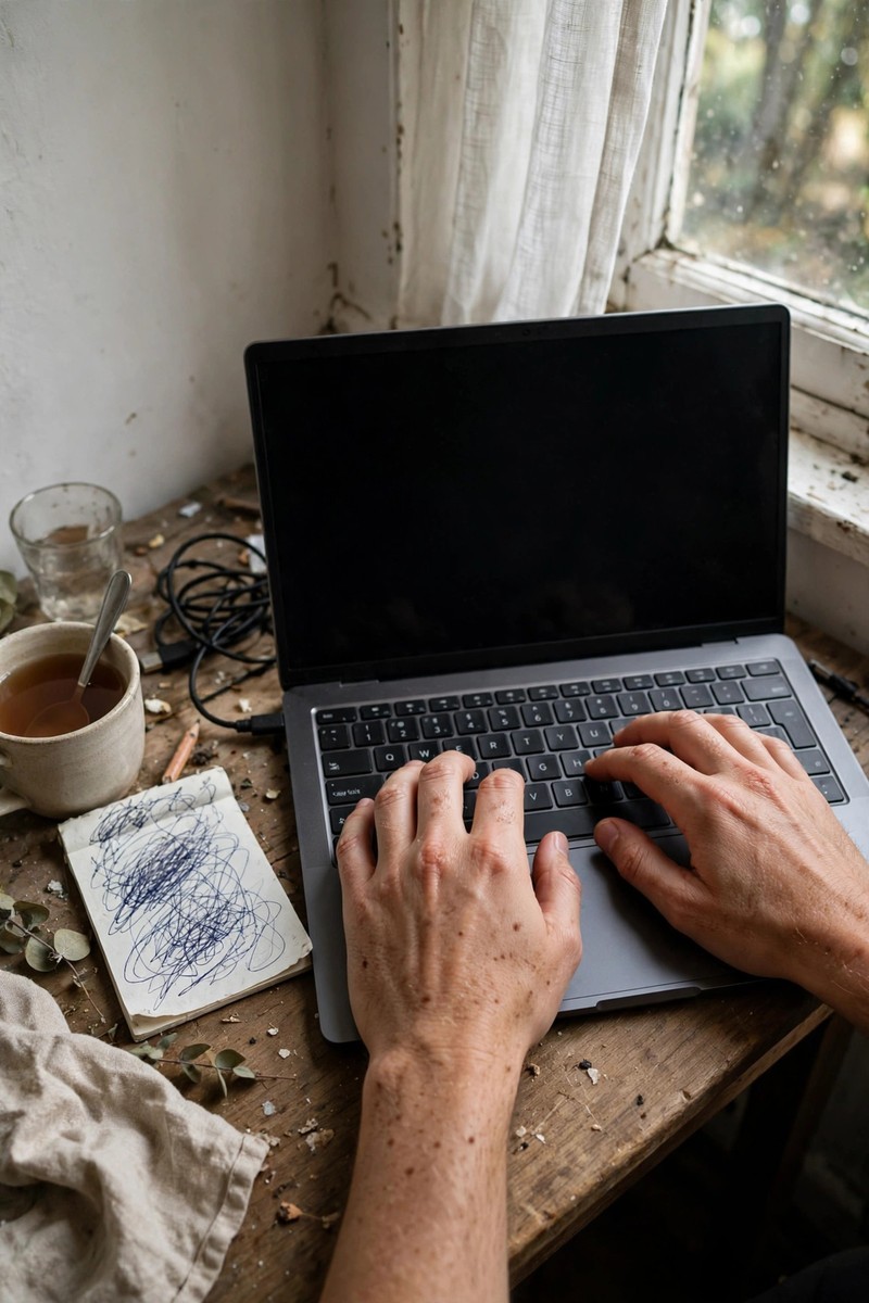 Hands typing on a laptop with a scribbled notepad and cup of tea on a worn wooden desk by a window