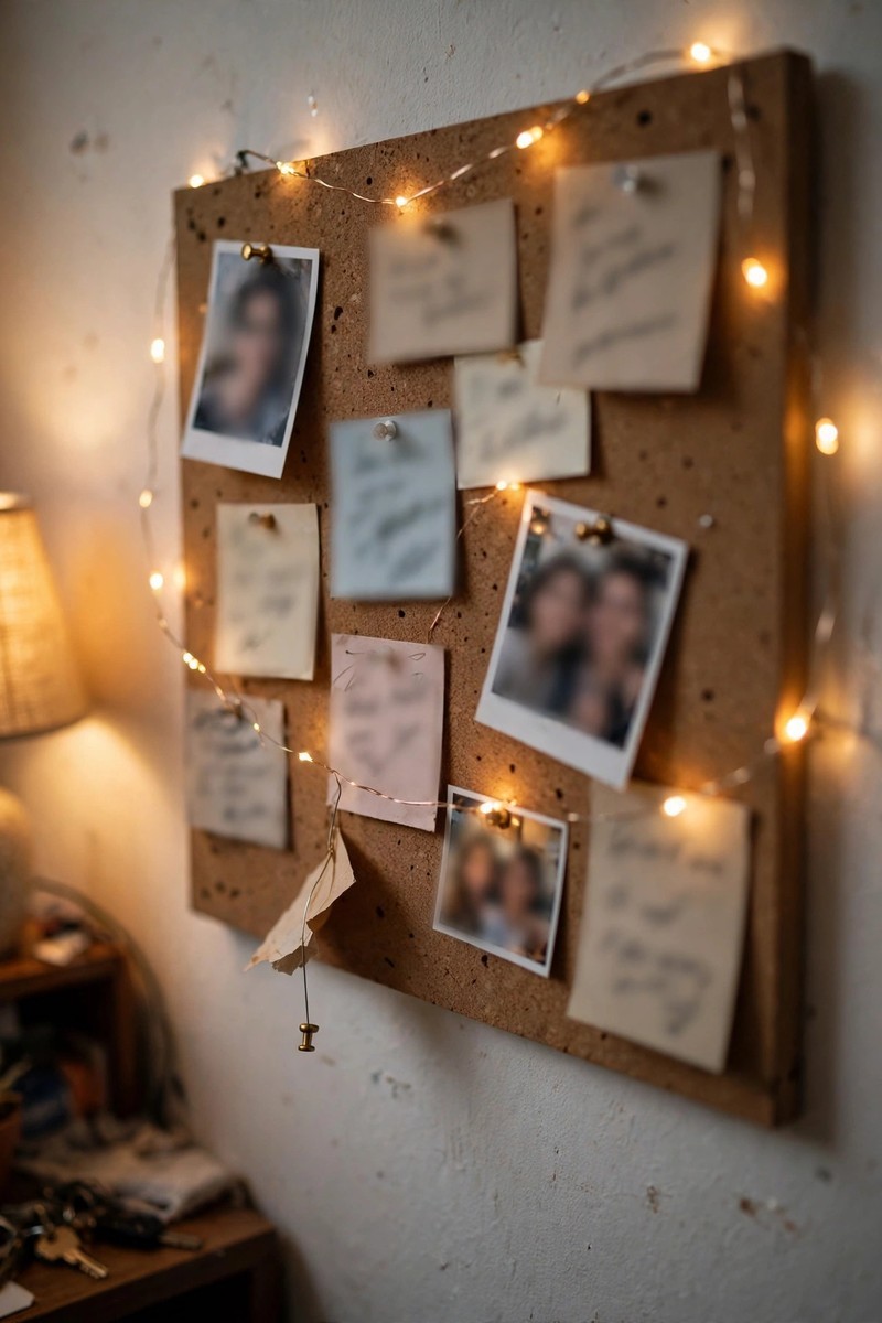 Pinboard with blurred note cards and photos, fairy lights, on a bedroom wall in warm lamplight