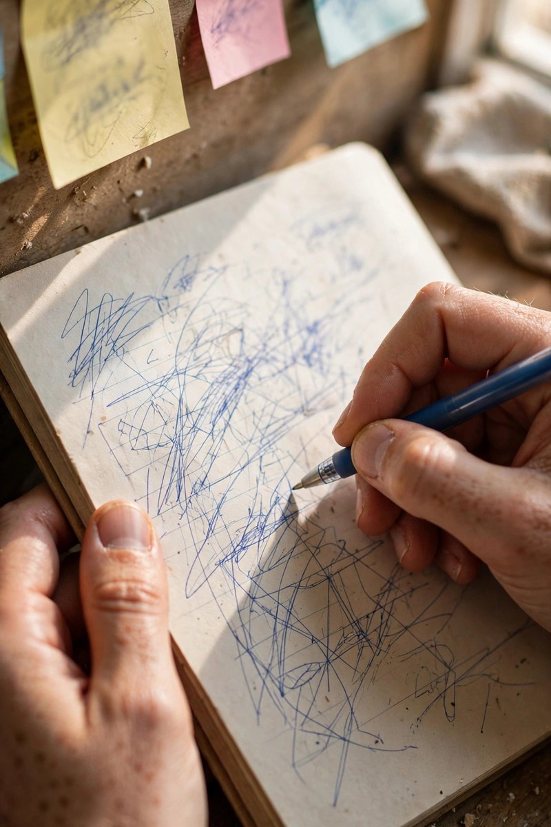 Close-up of hands writing in a paper notebook with a pen, sticky notes with blurred writing nearby