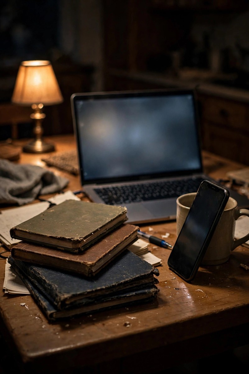 Kitchen-table study corner at night with a lamp, laptop, stacked notebooks, and phone