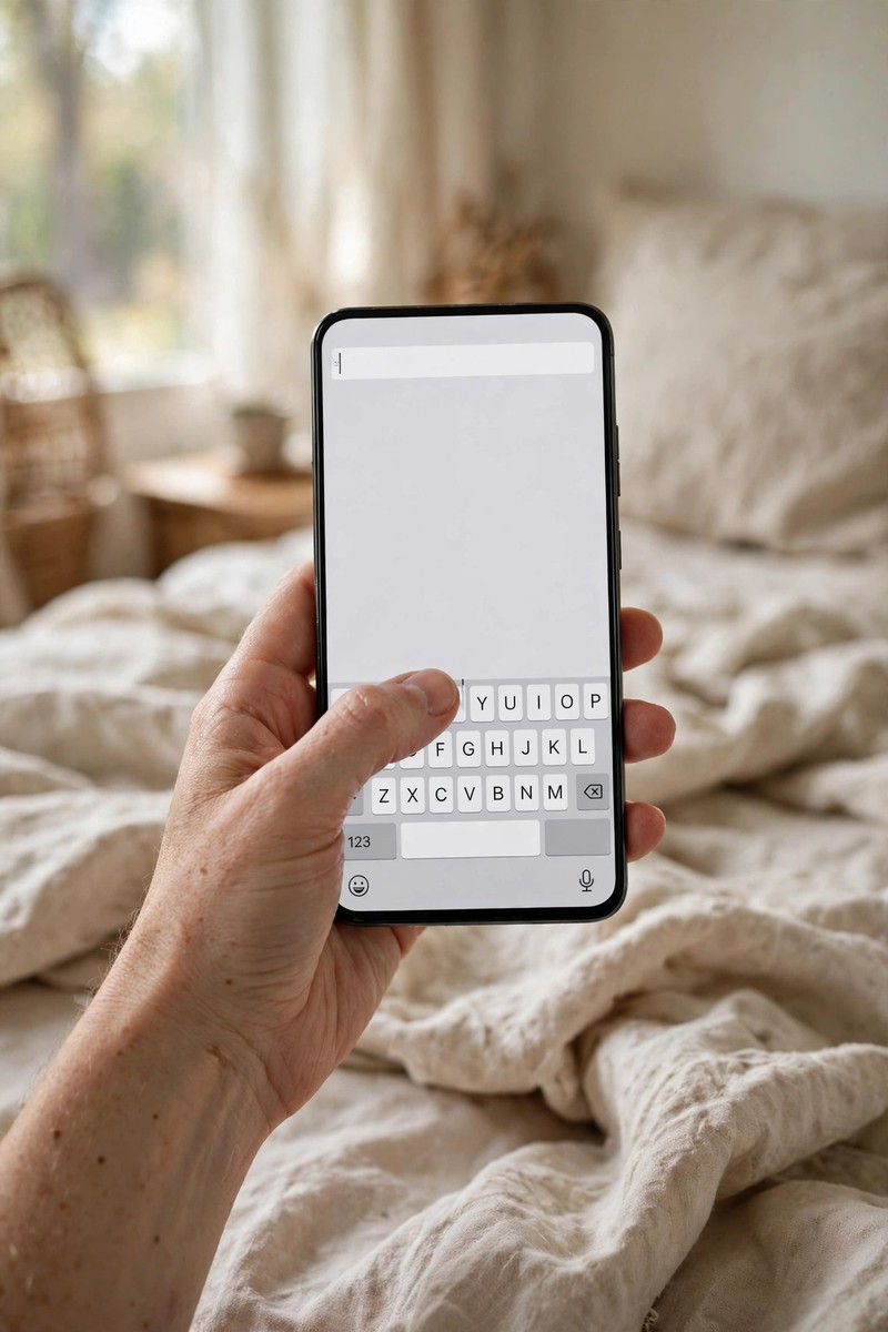 A hand holding a phone and typing an Instagram caption, with a soft daylight bedroom in the background