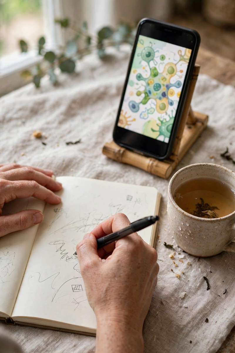 Hands writing notes in a notebook while a phone propped on a stand plays a video next to a cup of tea.