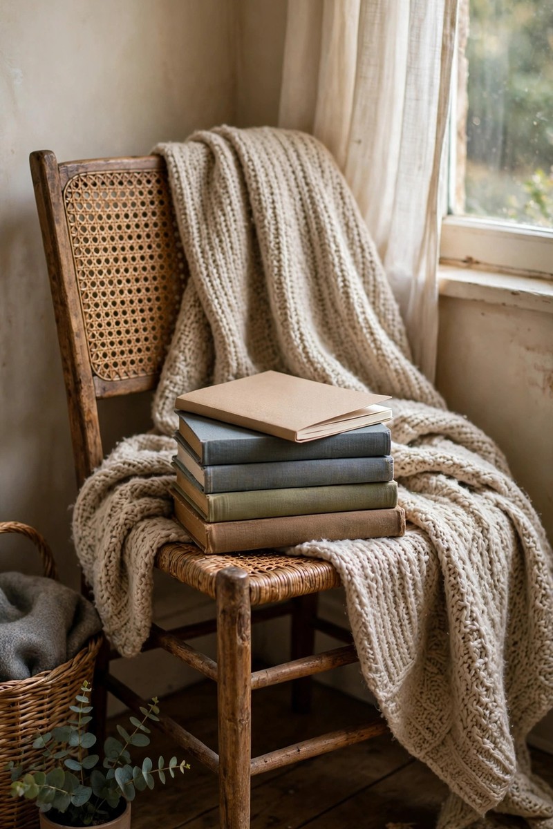 A cozy corner chair by a window with a stack of library books and an open notebook on the seat.