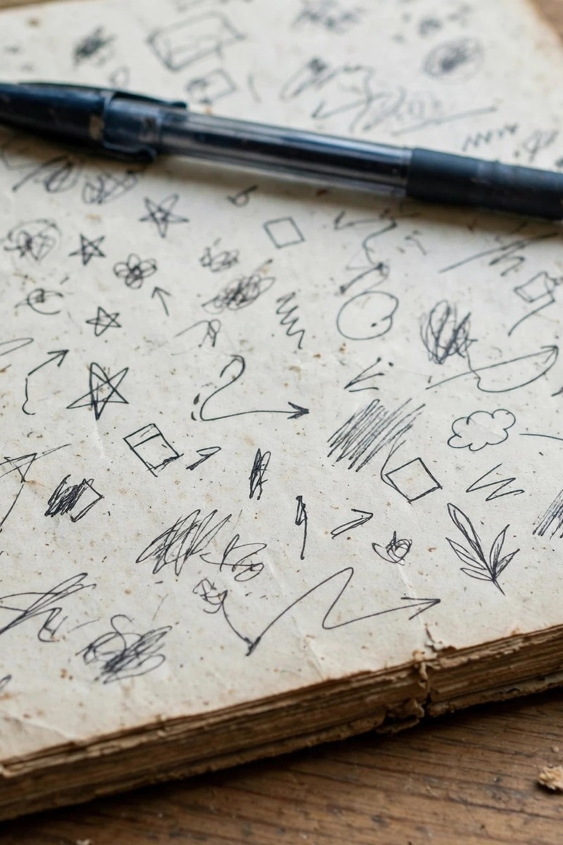 Journal page with sketches and a pen on top in soft daylight