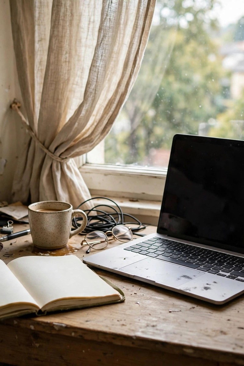 Laptop on a small desk by a window with an open notebook, cozy lived-in room