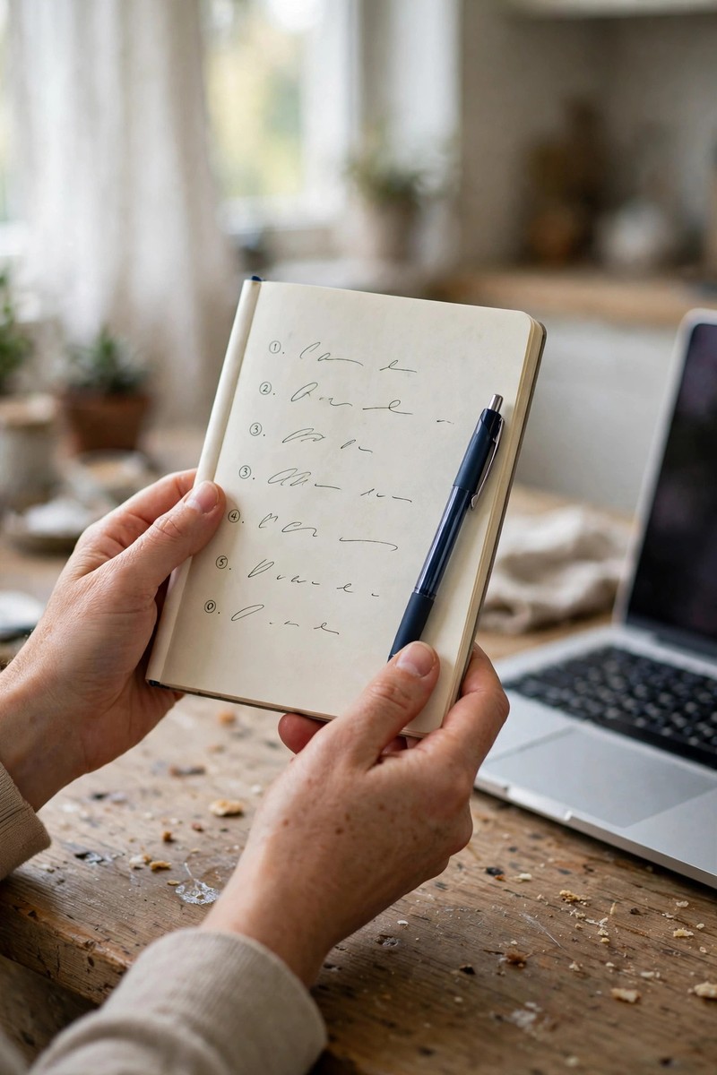 Hands holding an open notebook with a numbered to-do list and a pen, with a laptop on a rustic wooden table nearby.