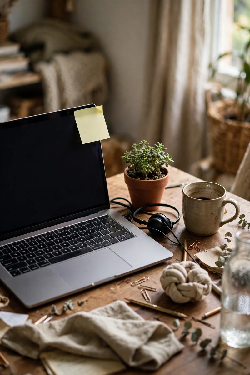 A cozy home desk with a laptop, small potted plant, sticky note on the screen, coffee mug, and scattered office bits in natural light.