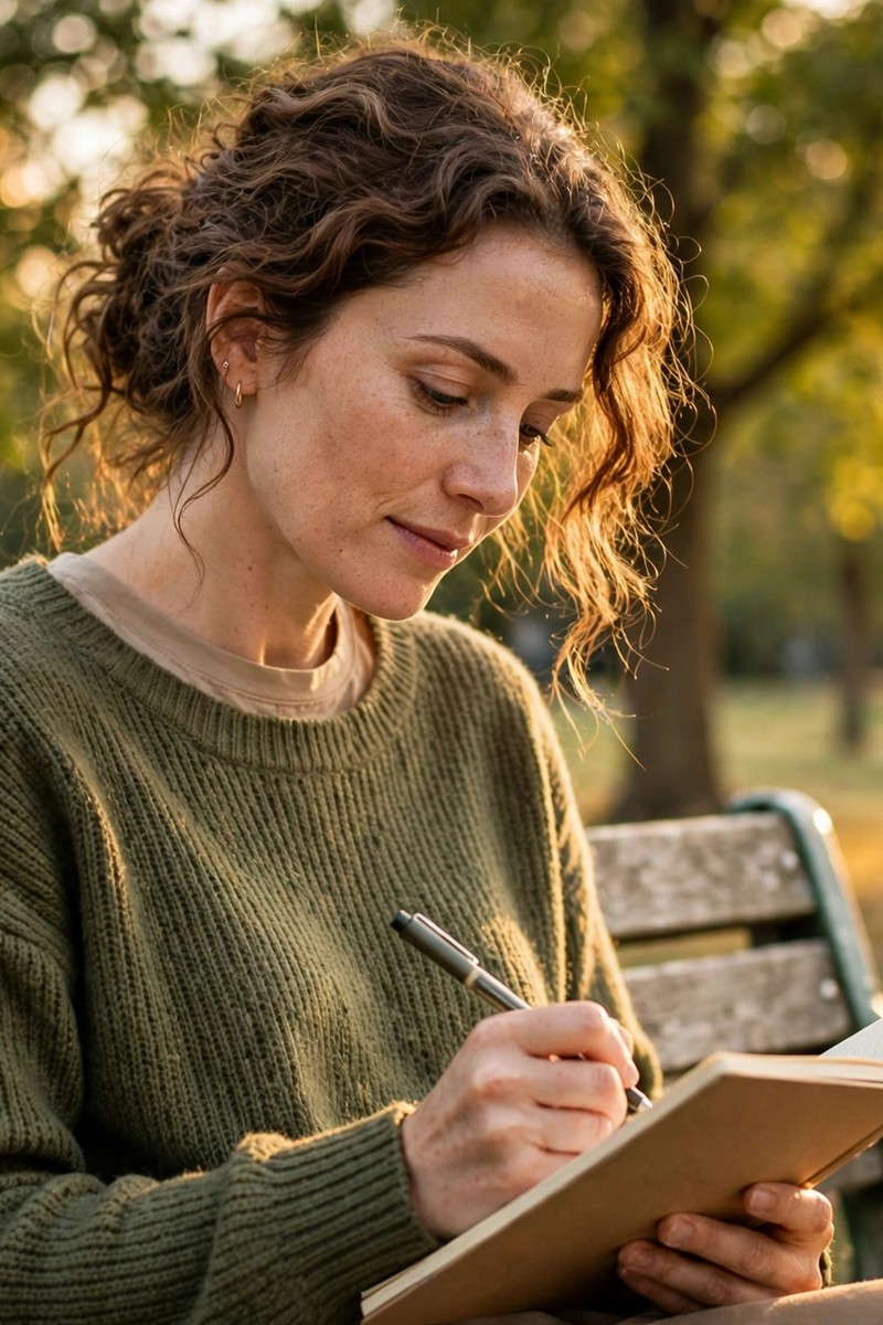 Woman writing in a notebook on a park bench in golden light