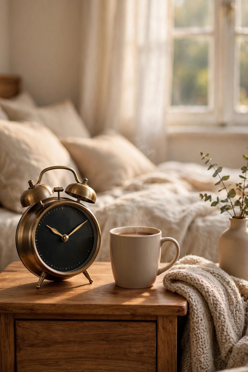 Alarm clock and coffee mug on a nightstand in soft morning light