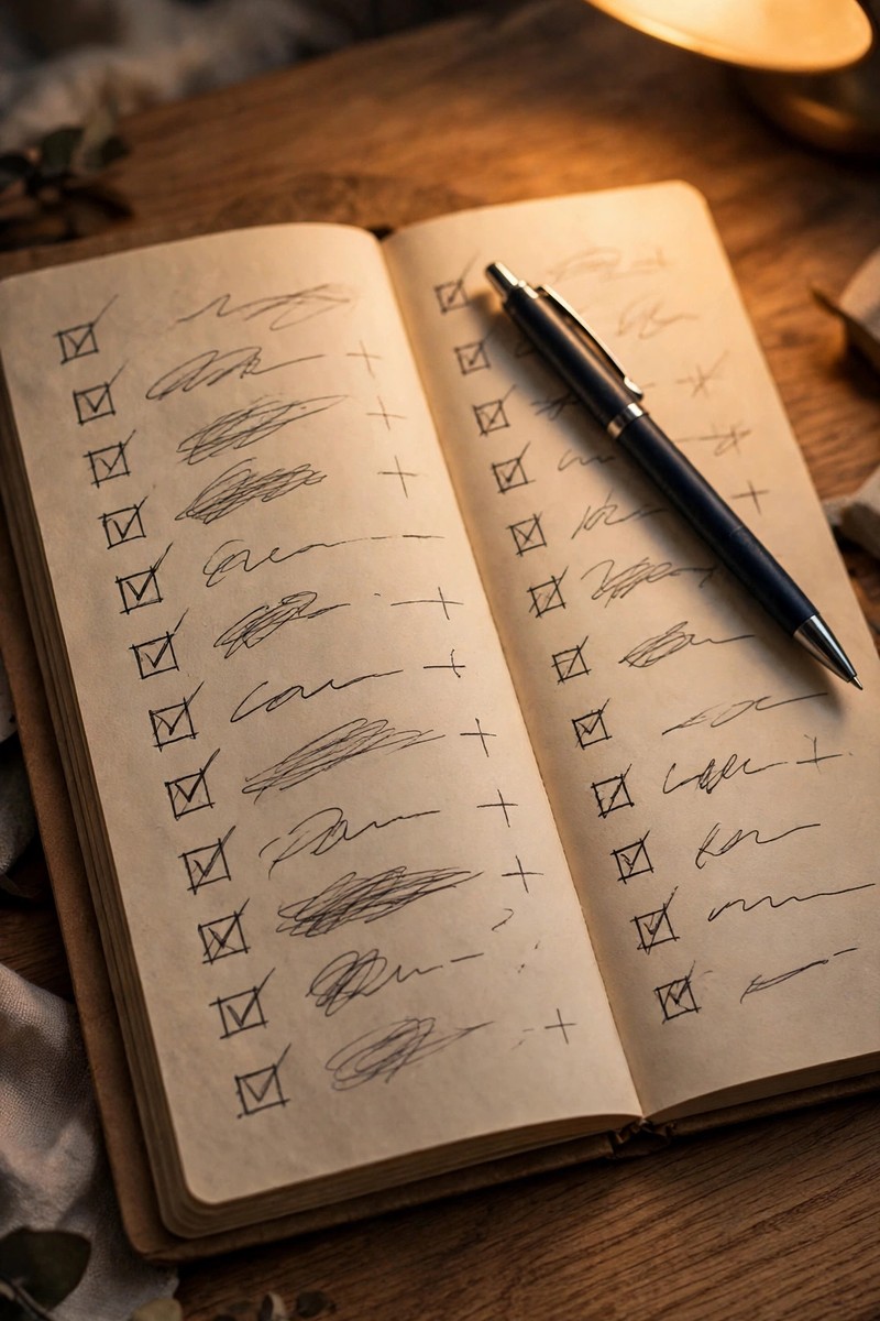 Notebook with a handwritten checklist and pen on top in warm desk light