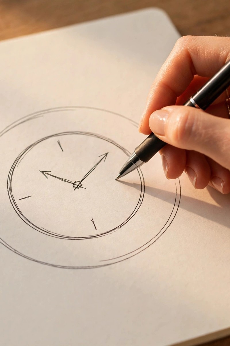 Hand circling a hand-drawn clock schedule on a blank notebook page