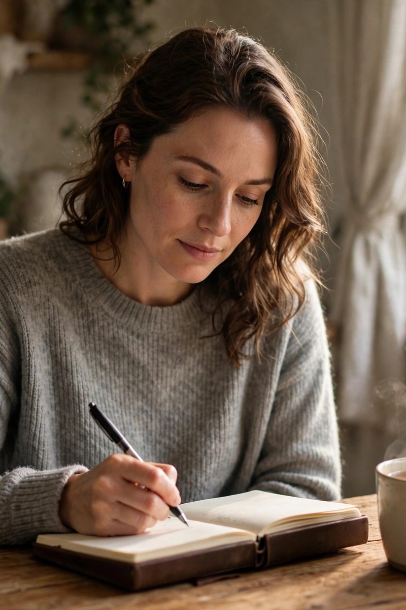 Woman writing in a notebook at a kitchen table in early morning light with a cup of tea