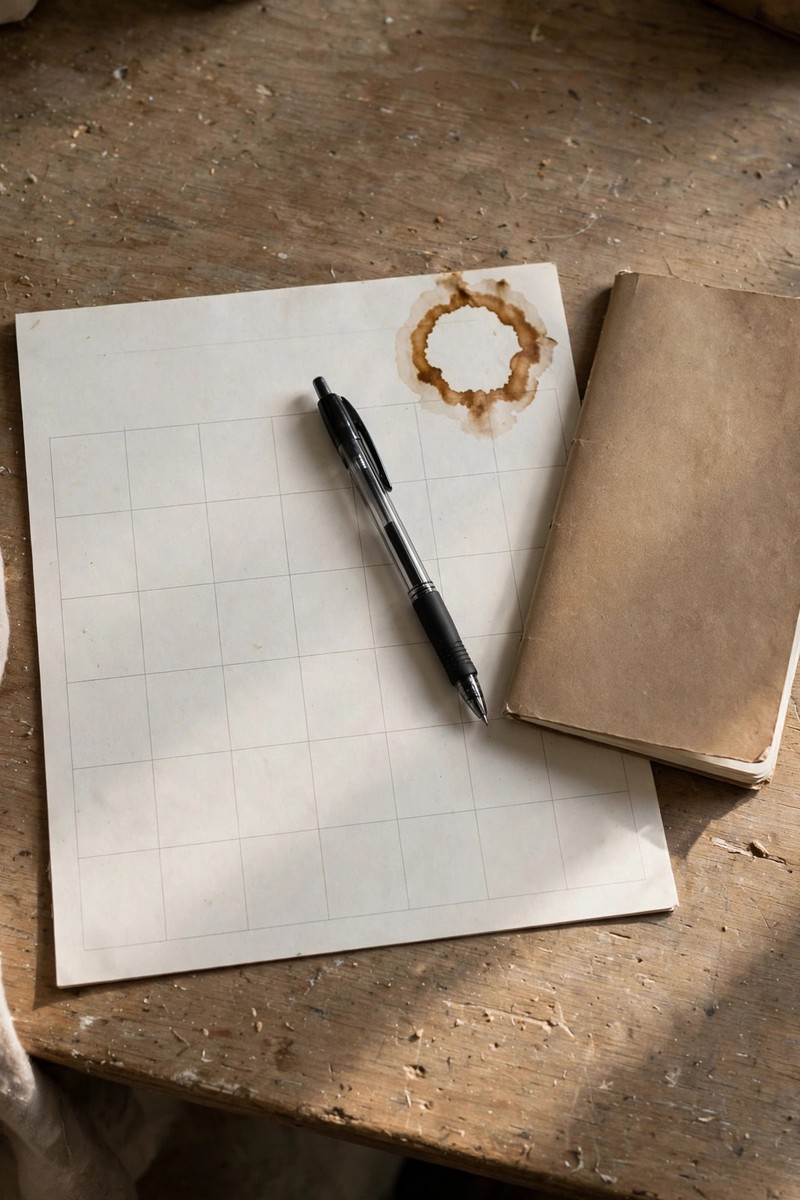 Paper calendar with a coffee ring stain, pen, and notebook on a desk in morning light