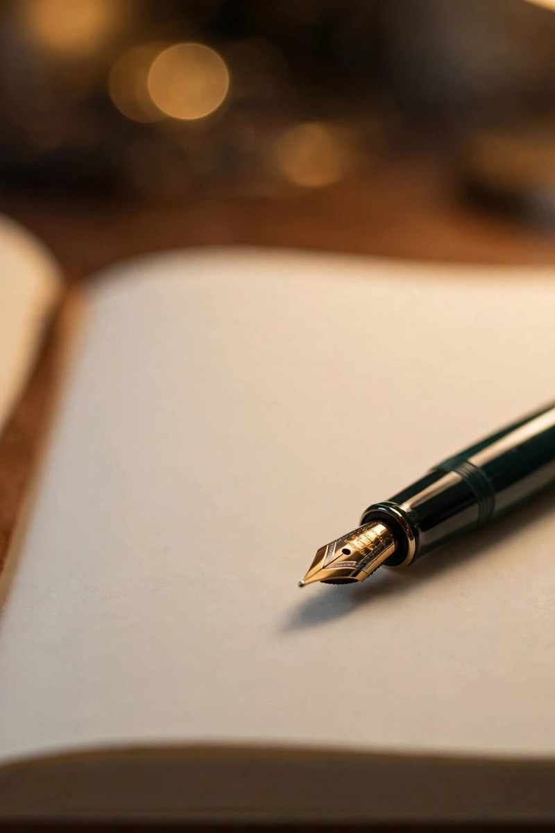 Open notebook with a pen on a desk, surrounded by warm glowing lights