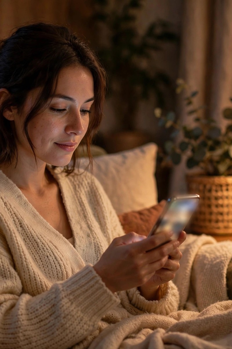 Woman smiling while reading on her phone