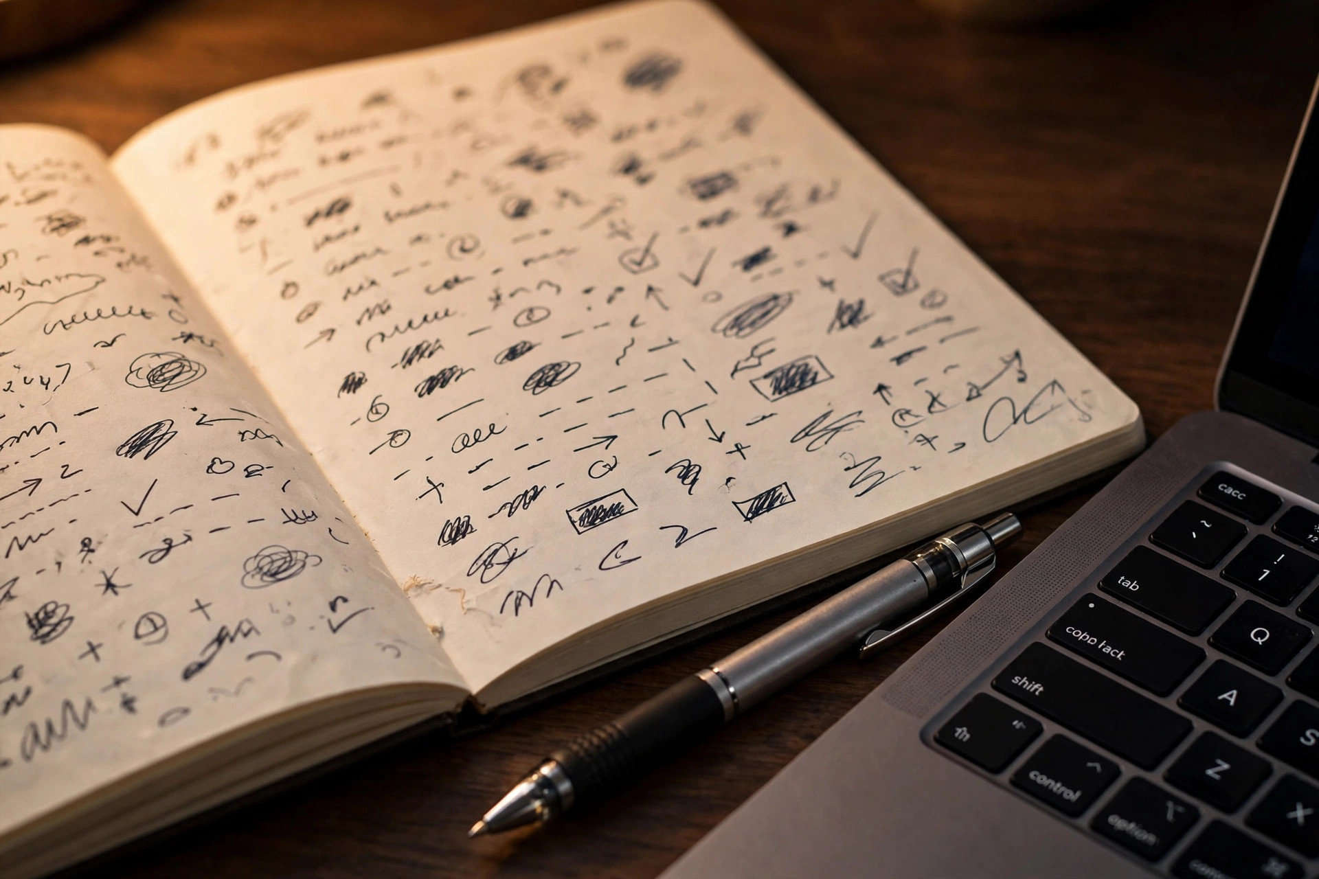 Close-up of a notebook with handwritten study notes and a pen next to a laptop