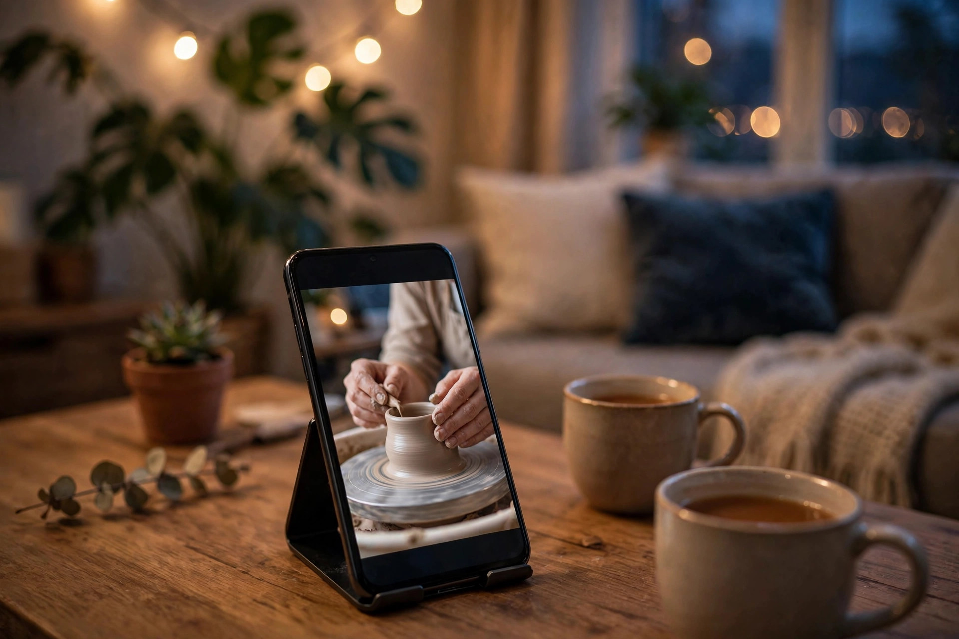 A smartphone propped on a table playing an online tutorial video in a cozy living room