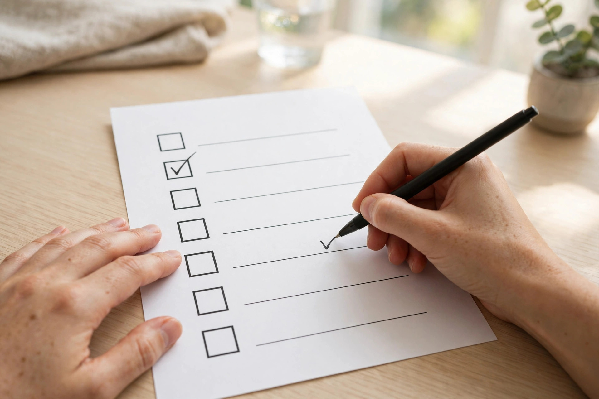 Hands checking off items on a printed checklist with a pen on a clean desk