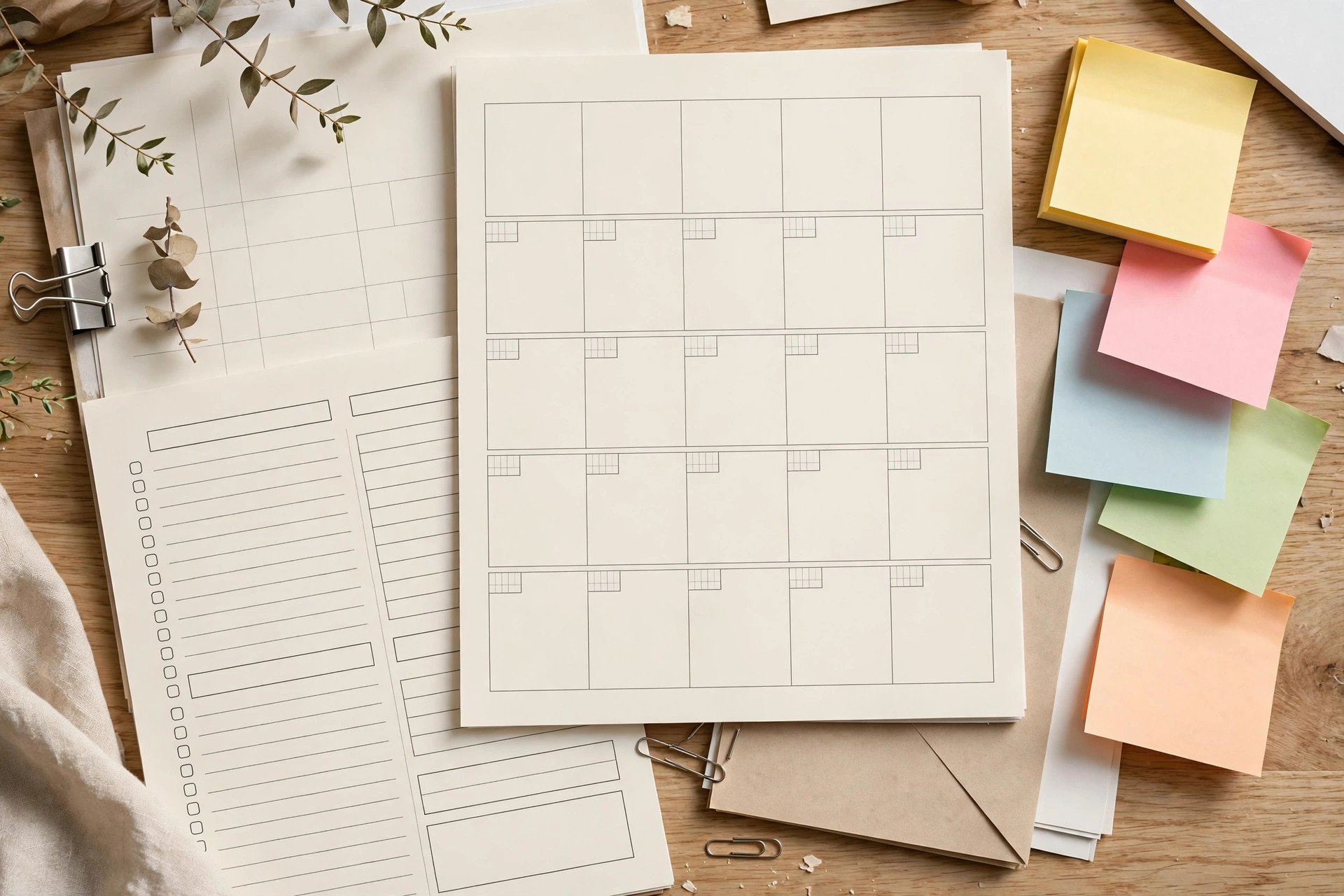Printable planner pages and sticky notes arranged on a desk, top-down view