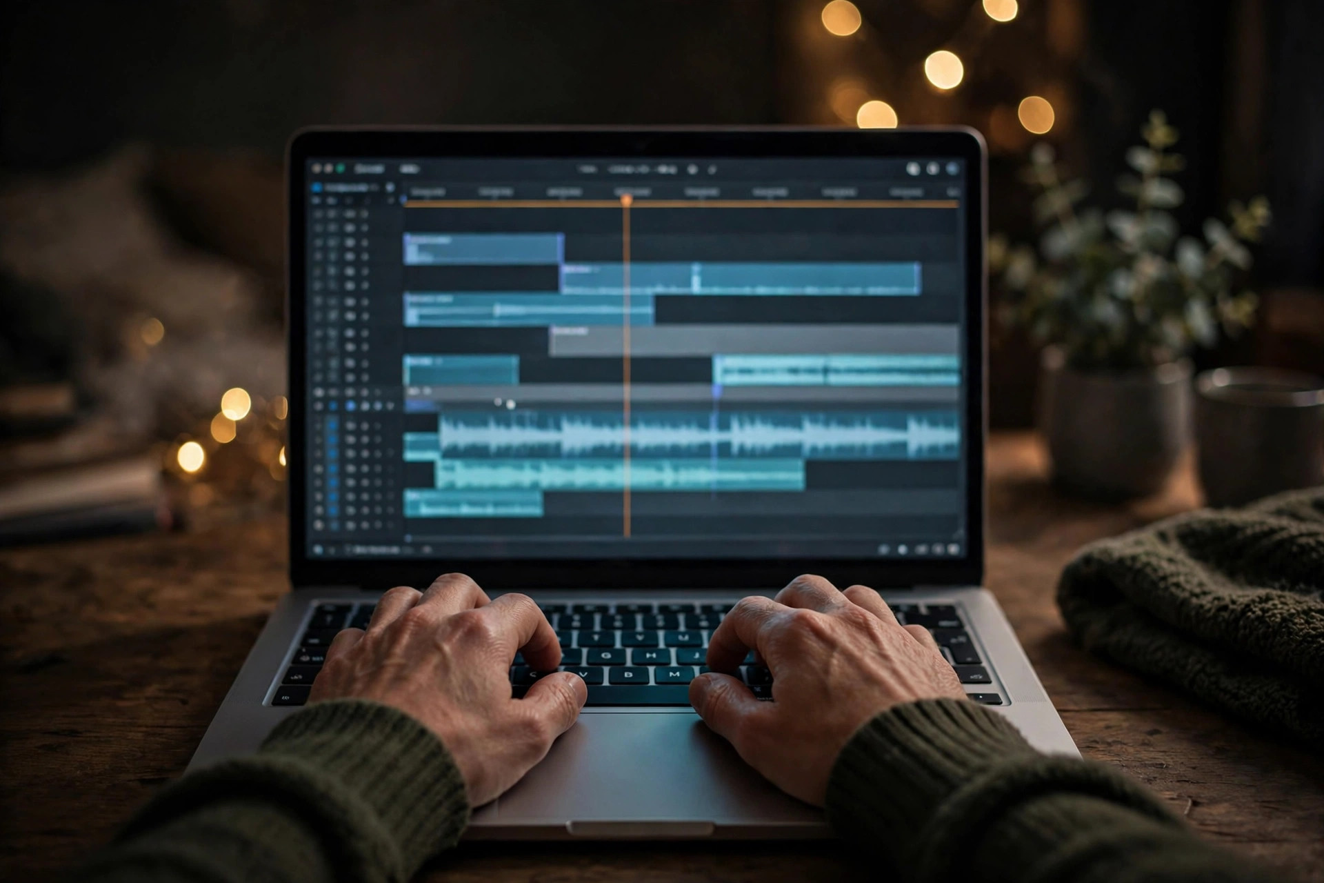 A laptop with a video editing timeline on screen in a cozy room, hands on keyboard