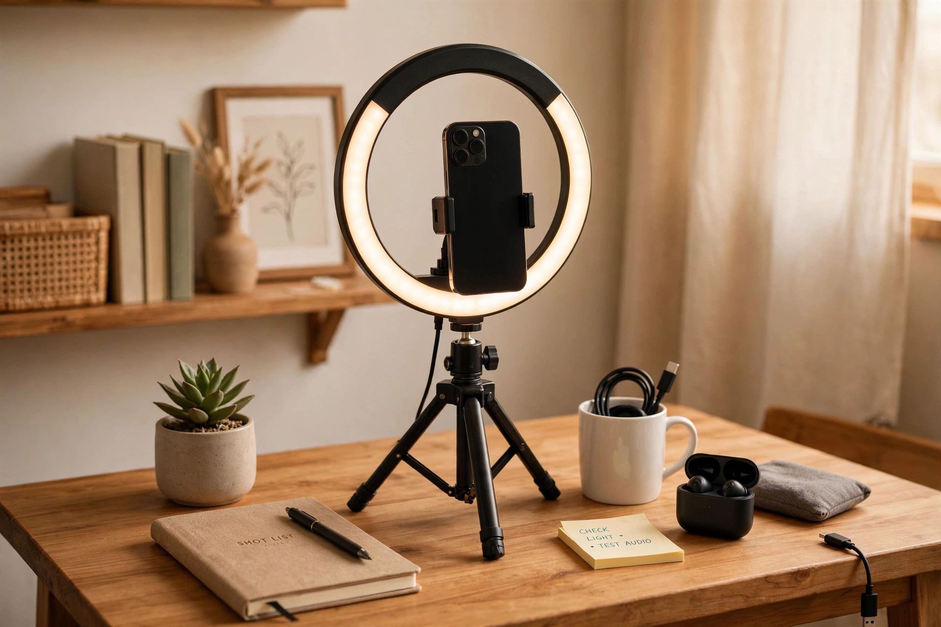 A simple home filming setup with a ring light and phone on a tripod