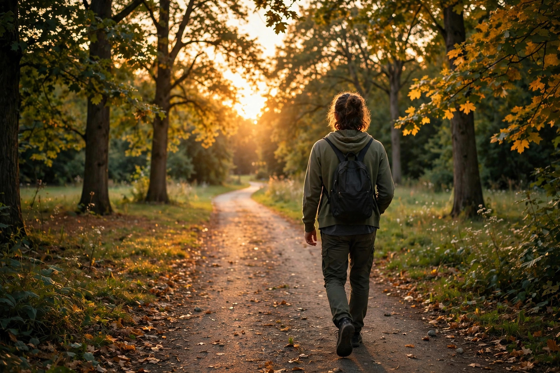 A person walking on a quiet park path at golden hour, seen from behind