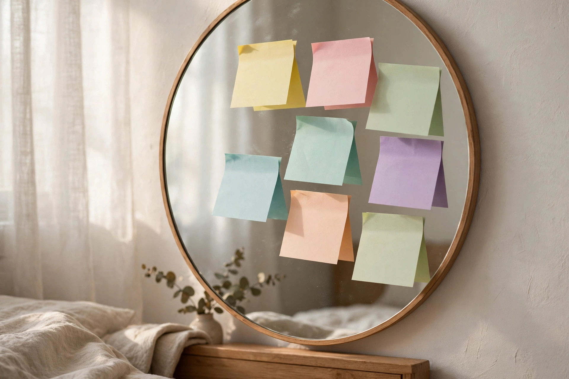 Encouraging sticky notes on a bedroom wall mirror in soft morning light