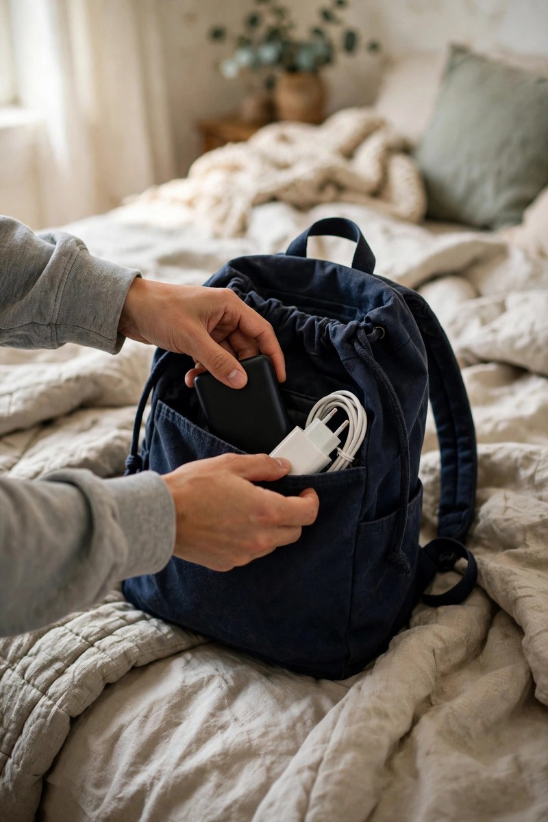 Hands packing a small power bank and charger into a backpack pocket on a bed in a cozy bedroom.