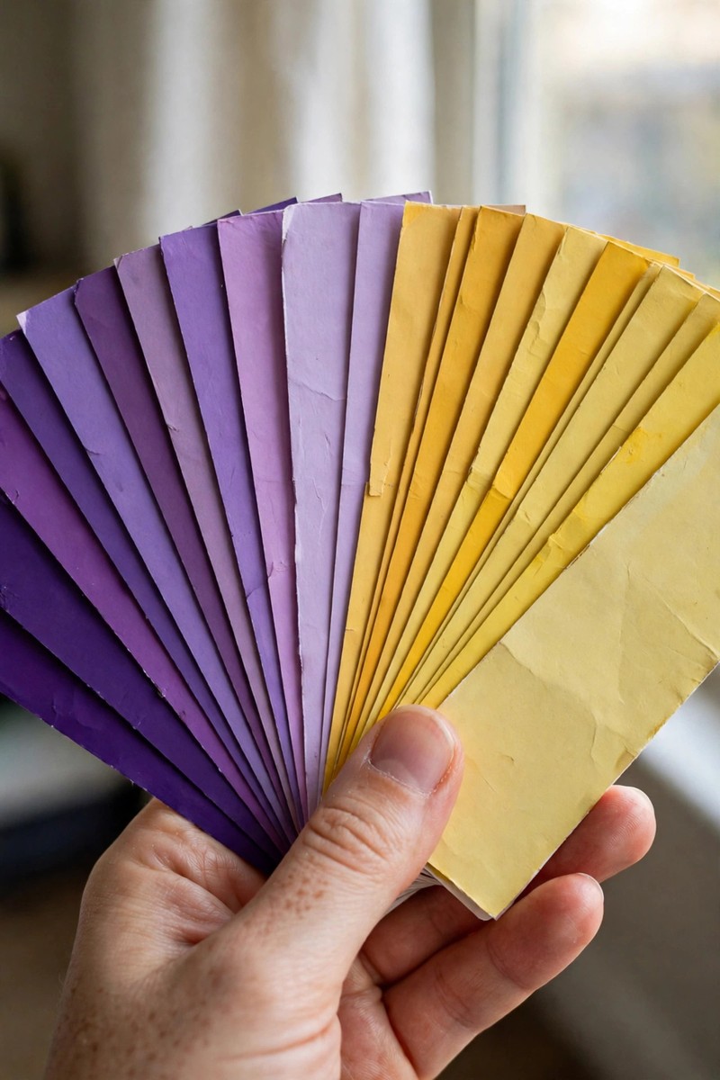 Hand holding fanned-out paper paint color swatches in purples and yellows, window light