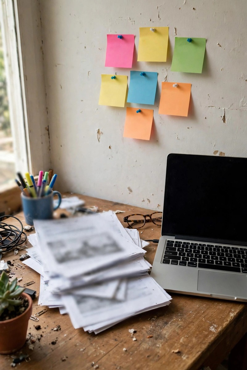 Desk with laptop and printed website pages, color sticky notes on the wall