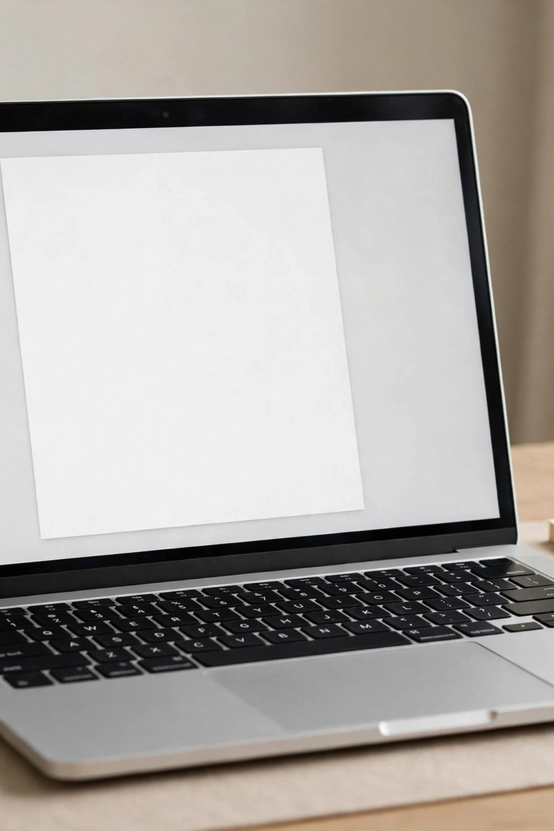 A laptop on a clean desk showing a blank document ready for writing.