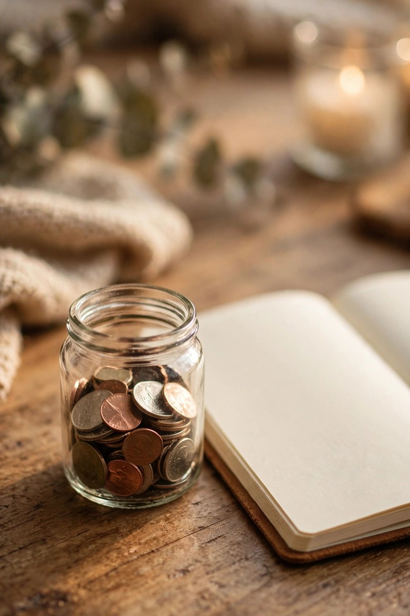 Small glass jar with coins on a desk next to a notebook in warm light
