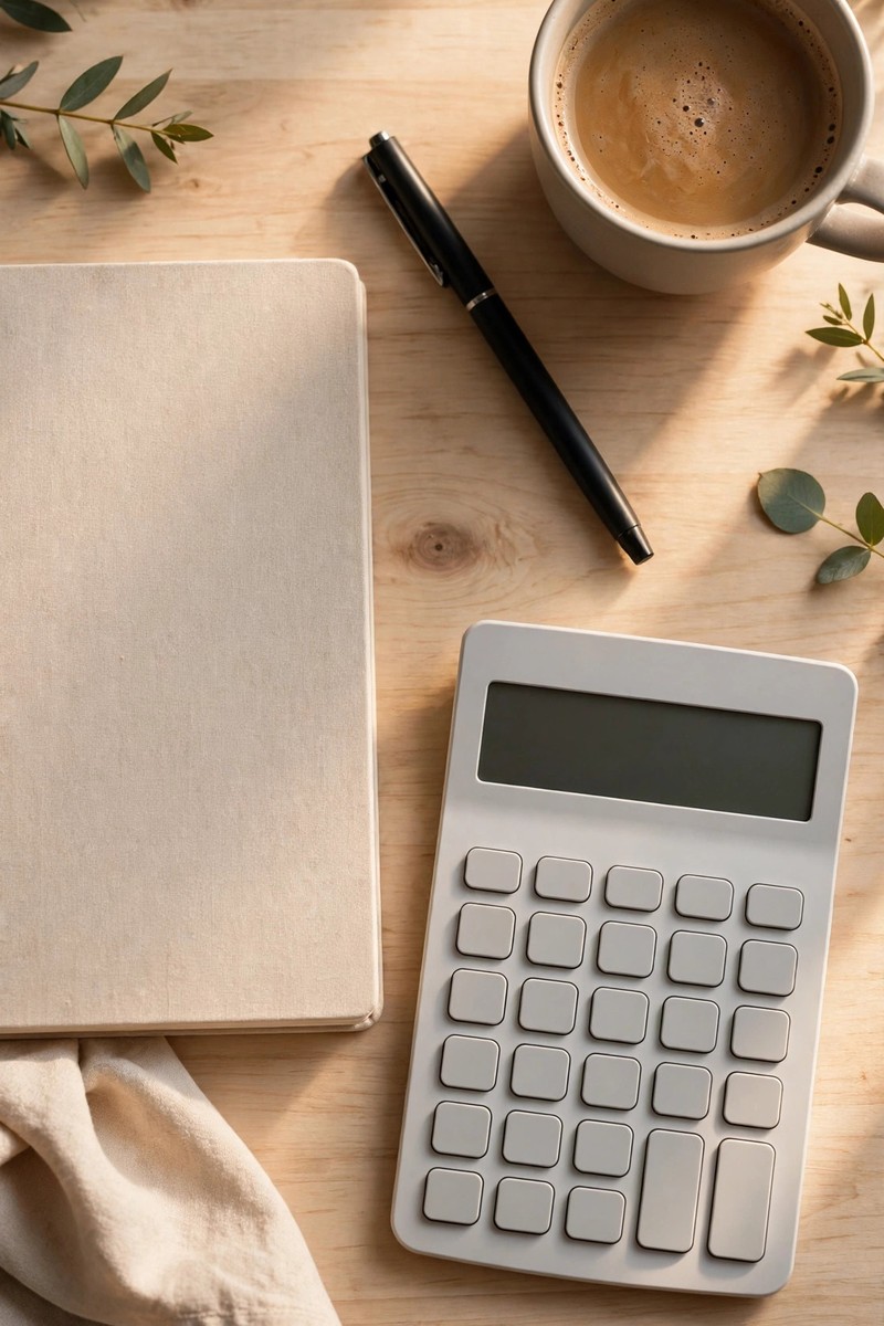 Flat lay of notebook, pen, calculator and coffee on a light wooden desk