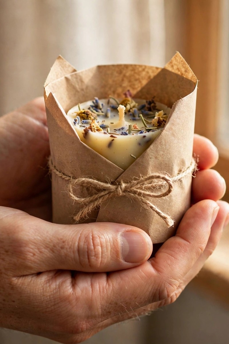 Hands holding a small handmade scented candle wrapped in simple kraft packaging near a bright window.