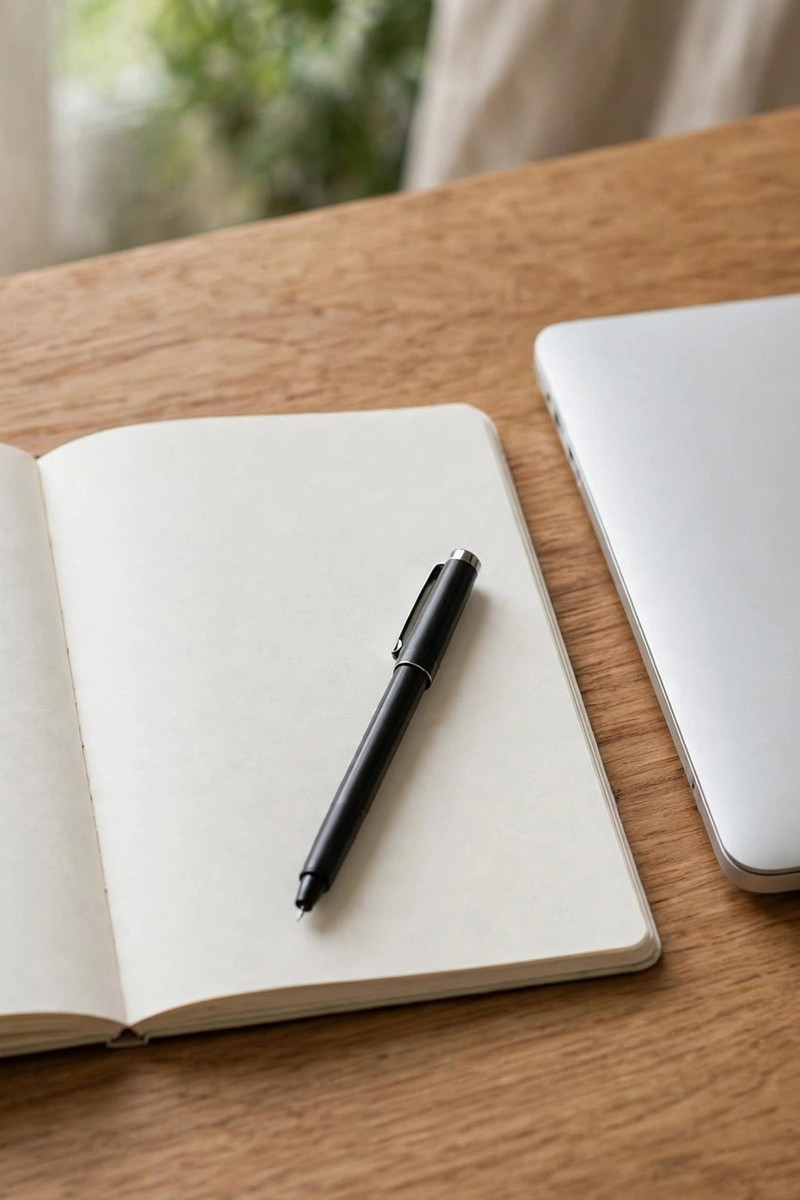 An open blank notebook with a pen on it beside a closed laptop on a wooden desk in soft daylight.