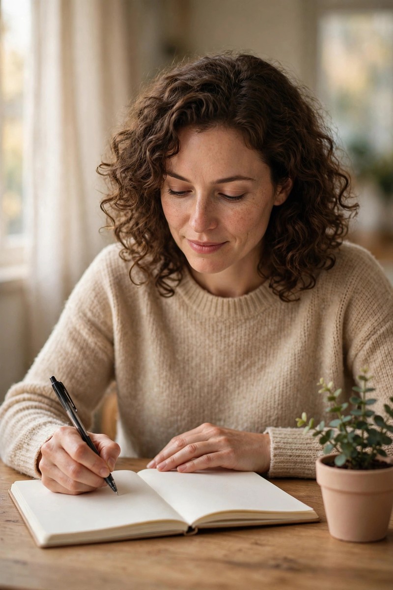 Woman writing in a notebook at a desk with a small plant in soft window light