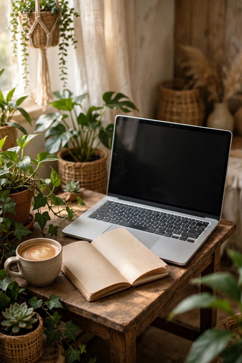 Open laptop, coffee cup and notebook on a cozy desk with plants