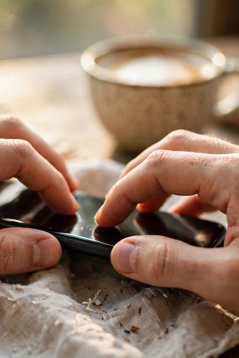 Hands typing on a smartphone, coffee and notebook blurred in the background