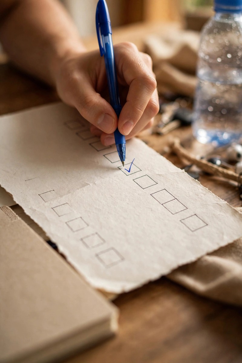 Hand checking off a box on a paper to-do list with a pen