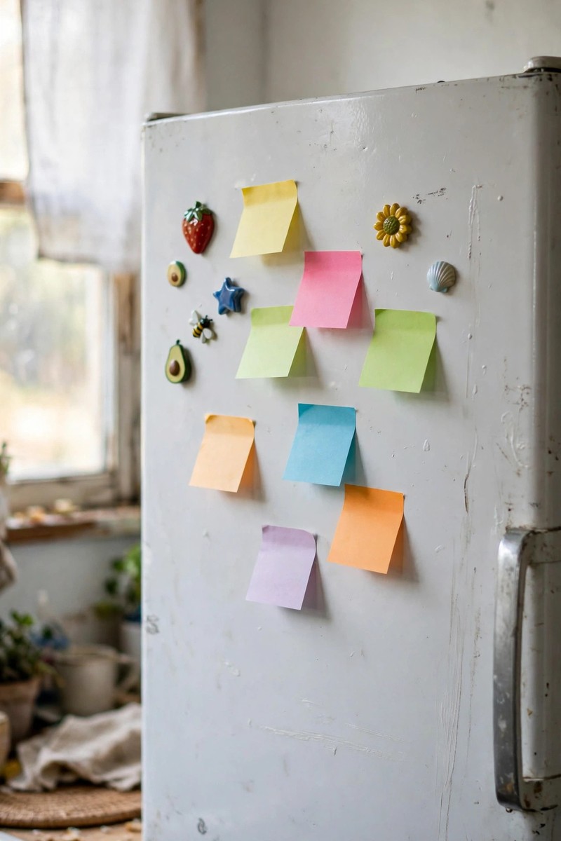 Sticky notes on a fridge door in a real kitchen with natural light