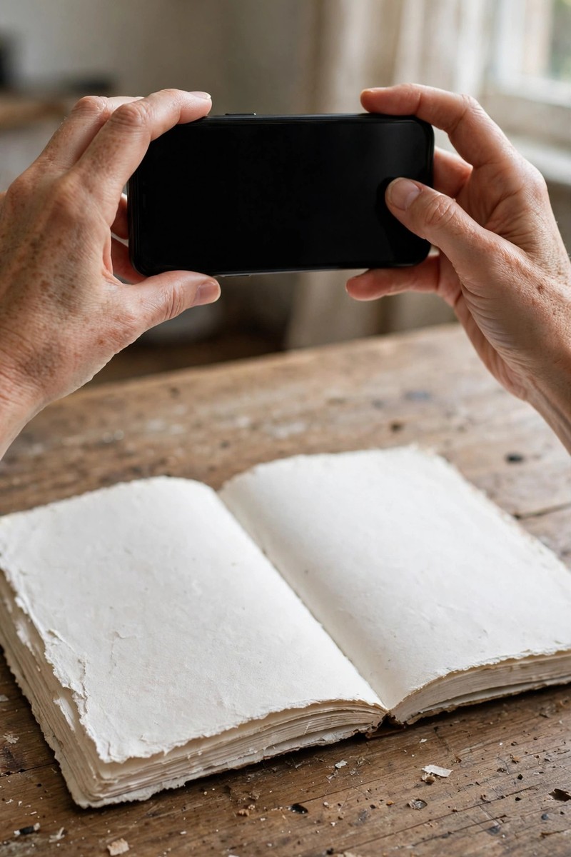 Hands holding a smartphone filming a paper planner on a wooden table in daylight