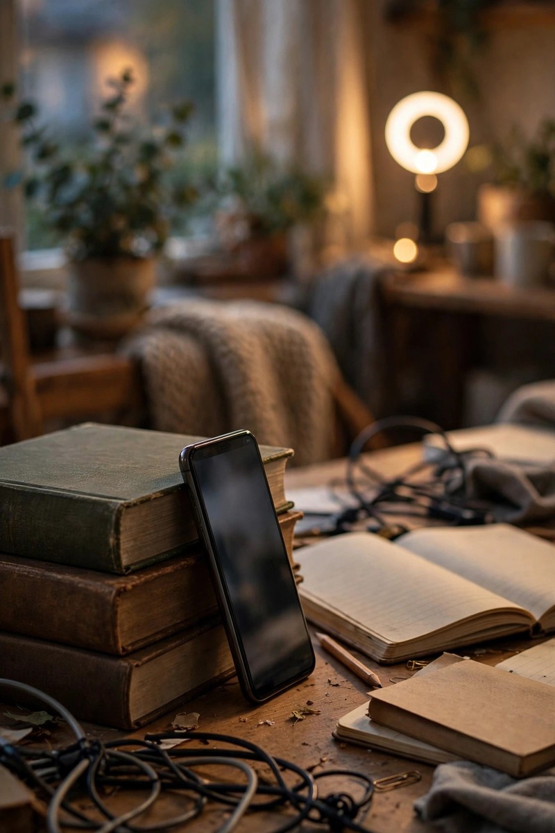 Phone propped against books recording a simple desk workspace, ring light glow in the background