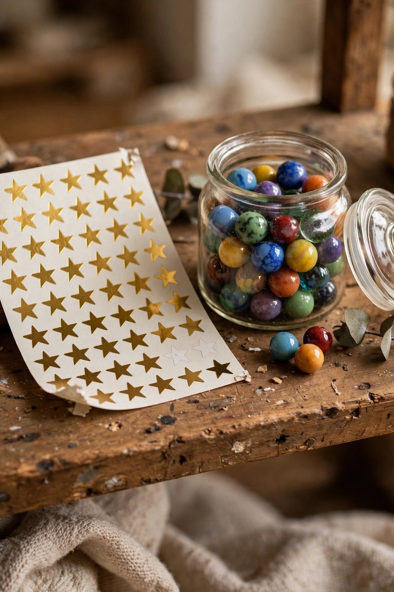 Gold star stickers and a small jar of marbles as a progress tracker on a wooden shelf in warm light