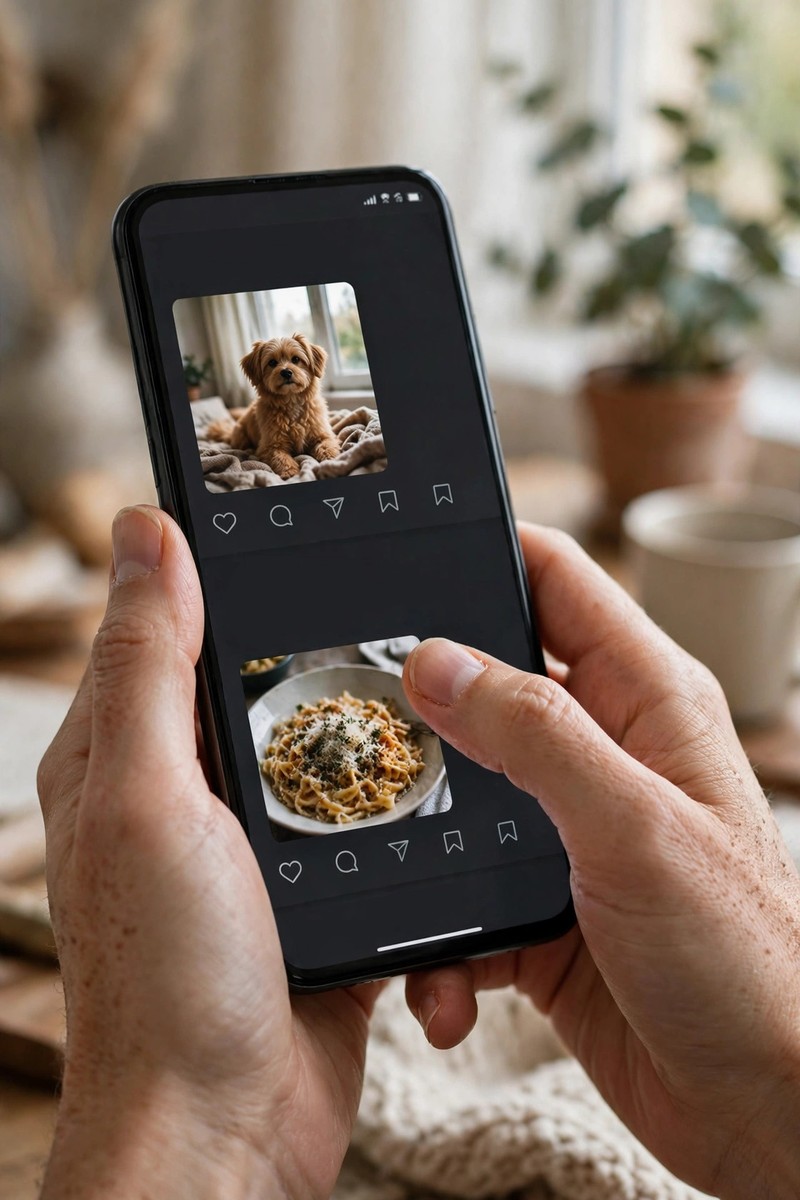 Close-up of hands holding a phone and scrolling a content feed, in a cozy lived-in room with soft daylight