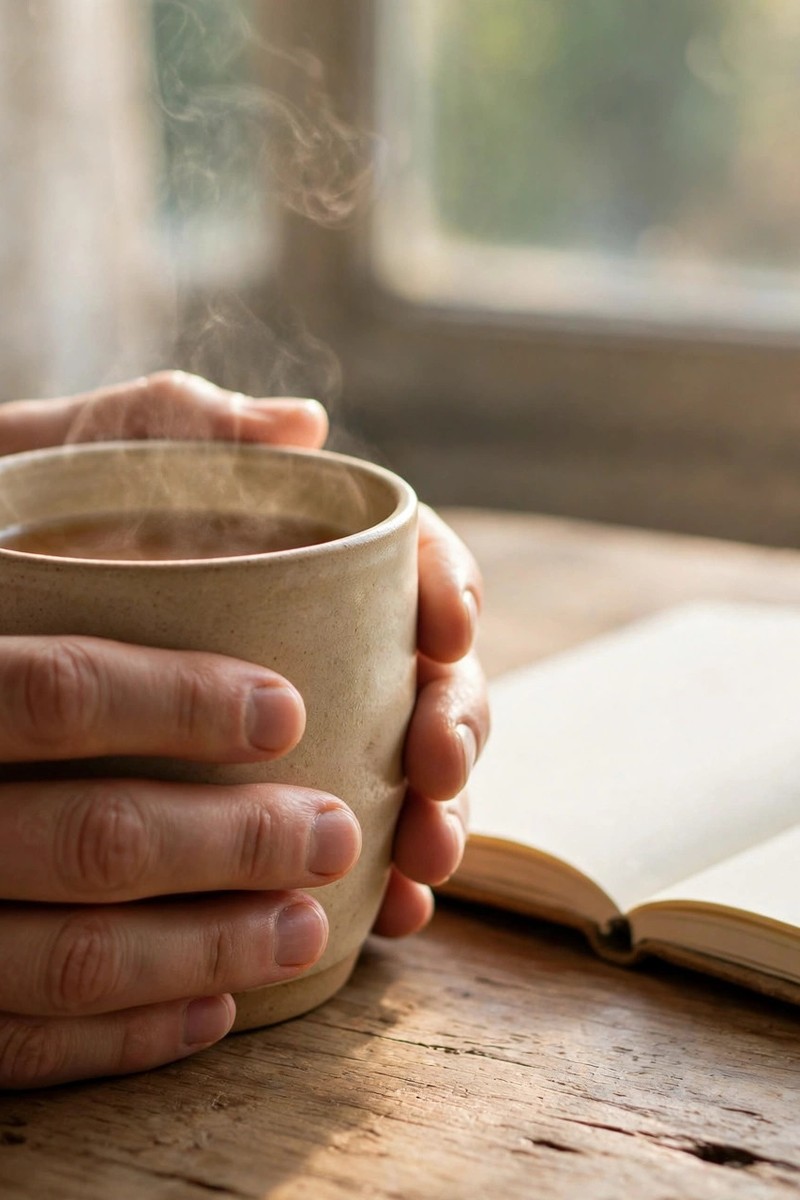 A steaming cup of coffee held near a bright window, illustrating how to keep online business expenses near zero with a simple setup