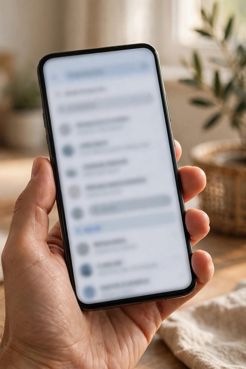A hand holding a smartphone at home with a simple email app open on the screen.