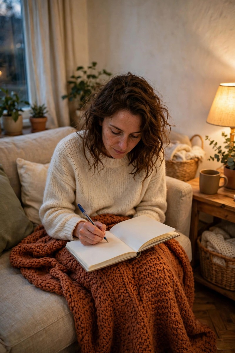 Woman writing in a journal on a couch with a warm blanket in soft lamp light