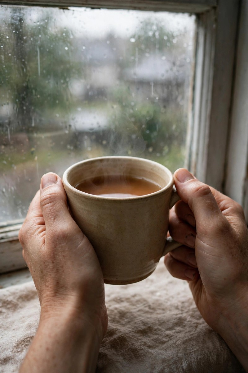 Hands holding a warm mug of tea near a window with soft daylight