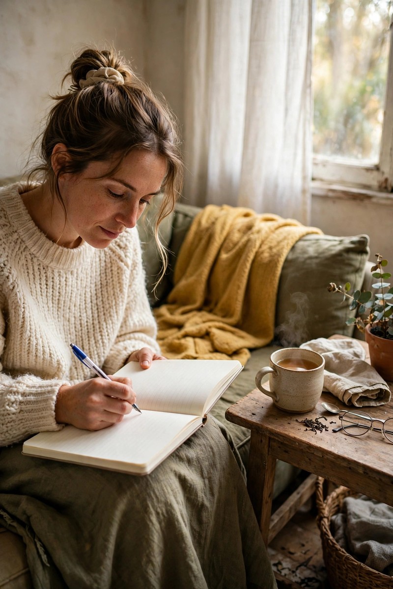 Woman writing a weekly to-do list in a notebook while sitting on her couch, with a cup of tea on the table